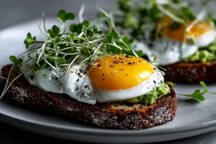 Sunny side up egg on toast topped with microgreens